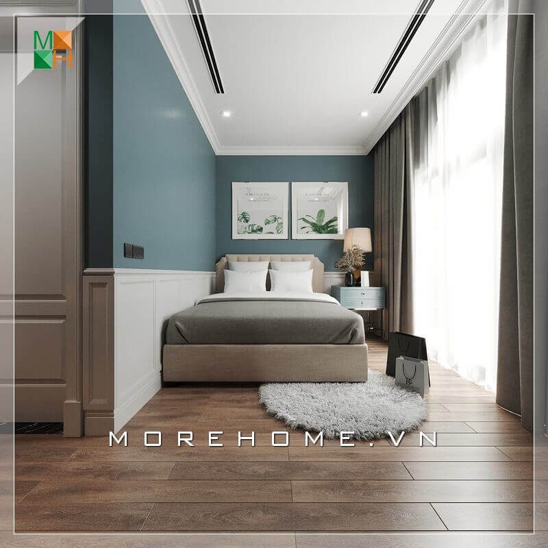 Hòa vào sắc xanh và đón ánh nắng tự nhiên của căn phòng ngủ hiện đại là mẫu giường ngủ bọc nỉ cao cấp và sang trọng màu nâu sữa.