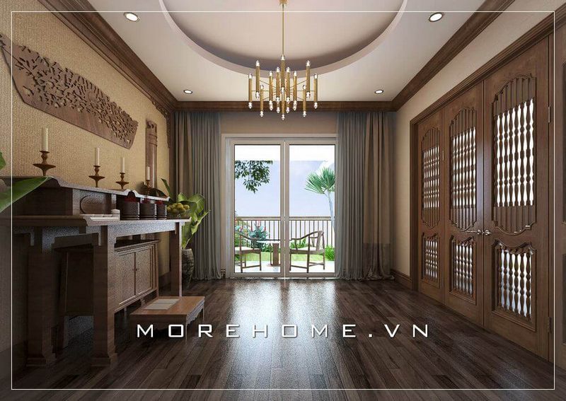 Choáng ngợp trước vẻ đẹp của mẫu thiết kế nội thất phòng thờ biệt thự đẹp sử dụng nội thất gỗ tự nhiên cao cấp: cánh cửa, bàn thờ,.mang đến không gian thờ cúng sang trọng đầy đẳng cấp