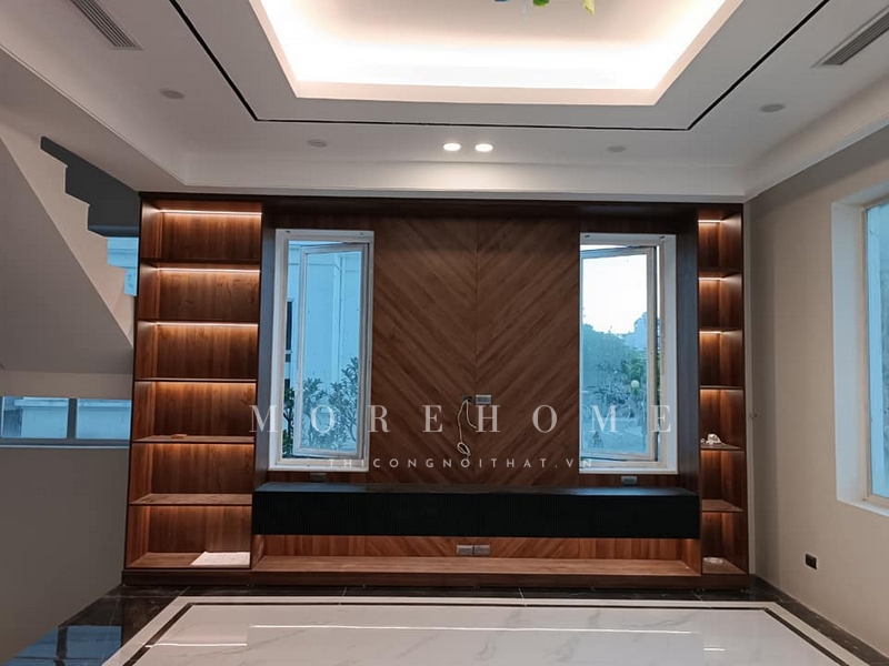 Thi công kệ tivi treo tường tiện nghi, sang trọng, không gian gọn gàng thẩm mỹ cao